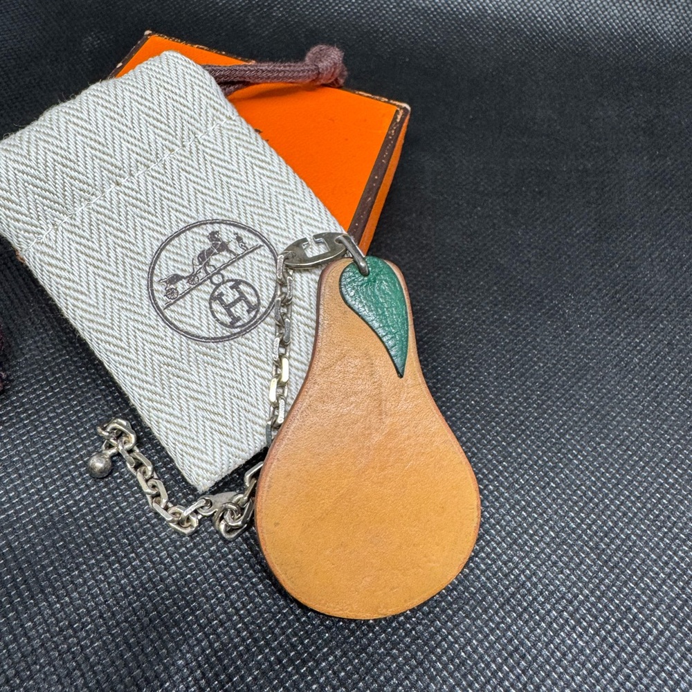 Hermes fruit motif (Tan and Green) Leather Keychain / bag charm